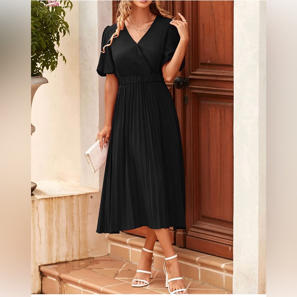 Boho Wrap V Neck Puff Short Sleeve Beach Party Flowy Pleated A-Line Maxi Dress S